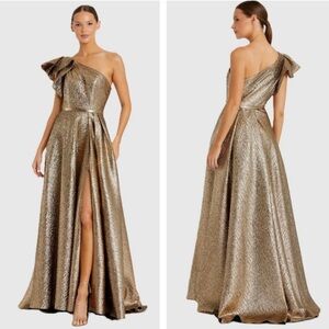 Mac Duggal Metallic Gold One-Shoulder Maxi Dress